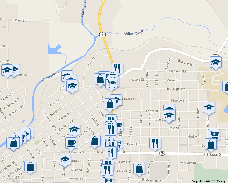 map of restaurants, bars, coffee shops, grocery stores, and more near 1345 E College Ave in Batesville