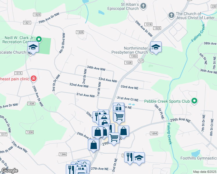 map of restaurants, bars, coffee shops, grocery stores, and more near 32 32nd Avenue Northwest in Hickory