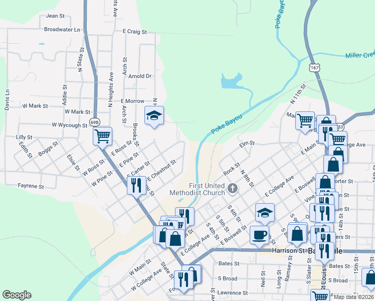map of restaurants, bars, coffee shops, grocery stores, and more near 660 East Charles Street in Batesville
