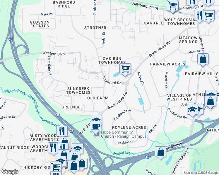 map of restaurants, bars, coffee shops, grocery stores, and more near 414 Westcliff Court in Raleigh