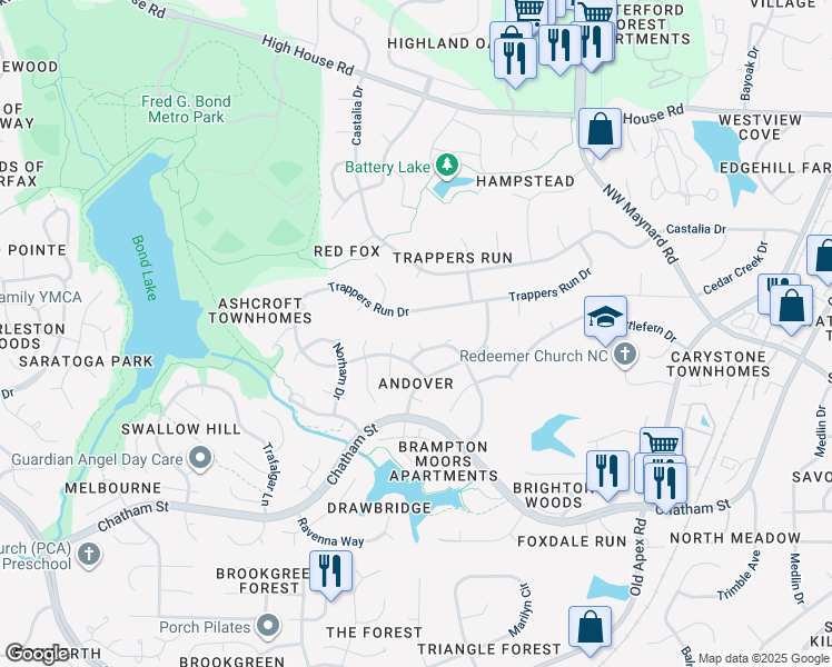 map of restaurants, bars, coffee shops, grocery stores, and more near 104 Kalida Court in Cary