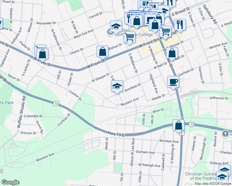 map of restaurants, bars, coffee shops, grocery stores, and more near 607 Armfield Street in Statesville