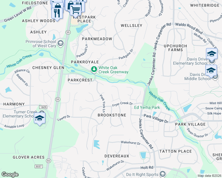 map of restaurants, bars, coffee shops, grocery stores, and more near 125 Streamview Drive in Cary