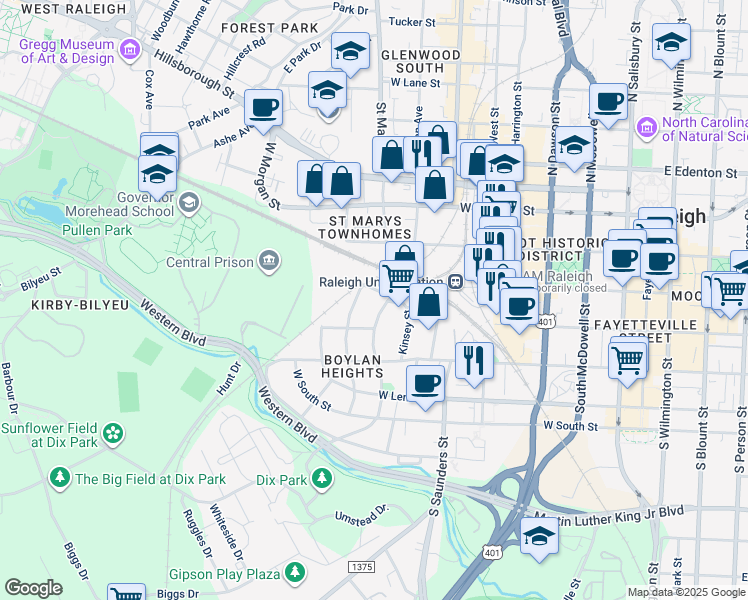 map of restaurants, bars, coffee shops, grocery stores, and more near 308 South Boylan Avenue in Raleigh