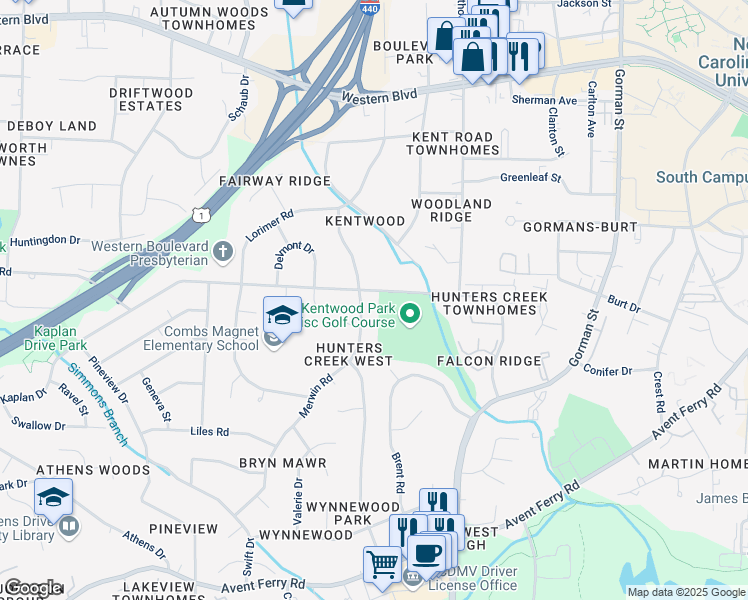 map of restaurants, bars, coffee shops, grocery stores, and more near 4513 Kaplan Drive in Raleigh