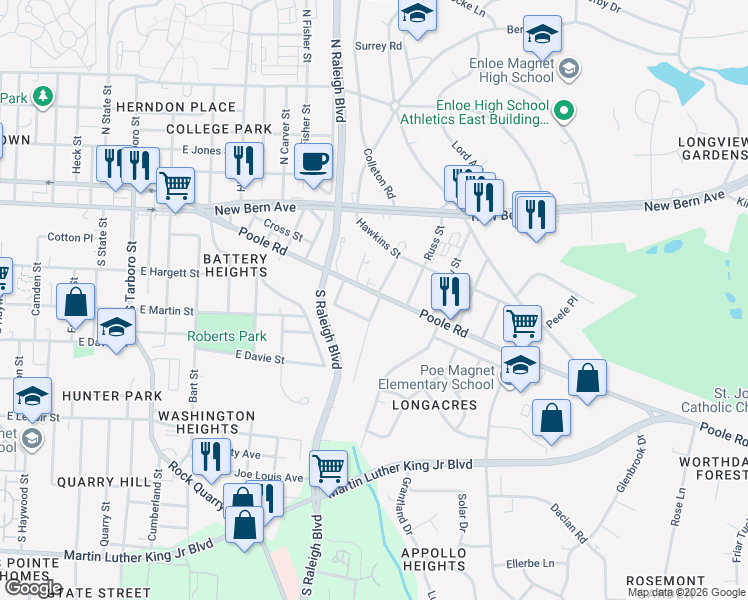 map of restaurants, bars, coffee shops, grocery stores, and more near 1828 Poole Road in Raleigh