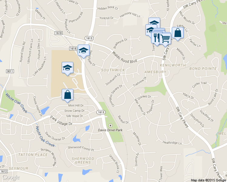 map of restaurants, bars, coffee shops, grocery stores, and more near Covington Square Drive in Cary