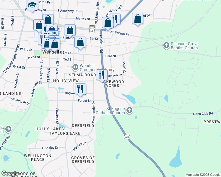 map of restaurants, bars, coffee shops, grocery stores, and more near 210 Lakewood Drive in Wendell