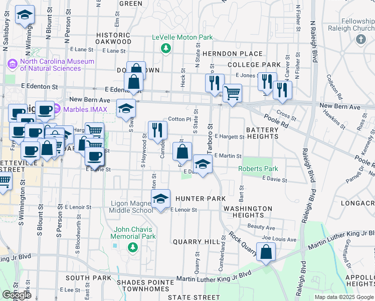 map of restaurants, bars, coffee shops, grocery stores, and more near 909 East Martin Street in Raleigh