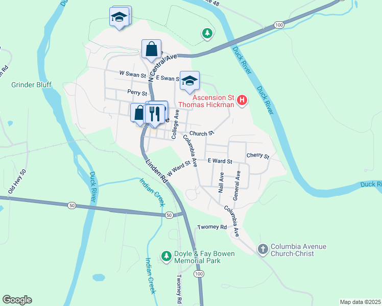 map of restaurants, bars, coffee shops, grocery stores, and more near 112 Columbia Avenue in Centerville