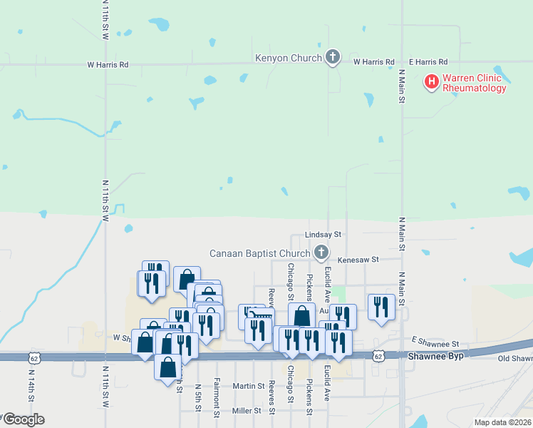 map of restaurants, bars, coffee shops, grocery stores, and more near 2417 Chicago Street in Muskogee