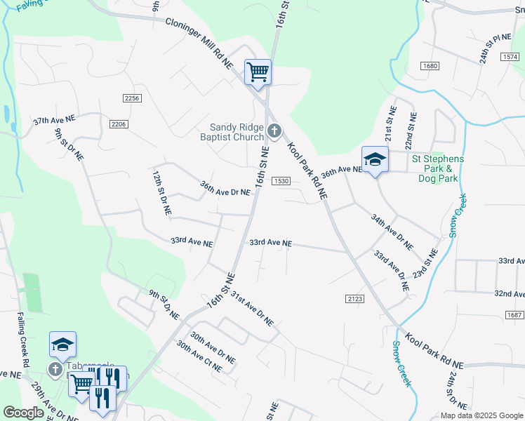 map of restaurants, bars, coffee shops, grocery stores, and more near 3420 16th Street Northeast in Hickory