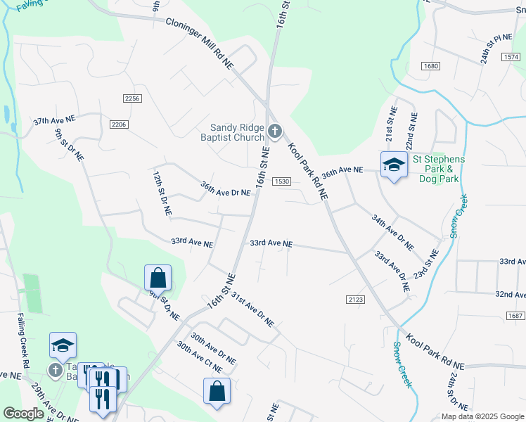 map of restaurants, bars, coffee shops, grocery stores, and more near 3420 16th Street Northeast in Hickory