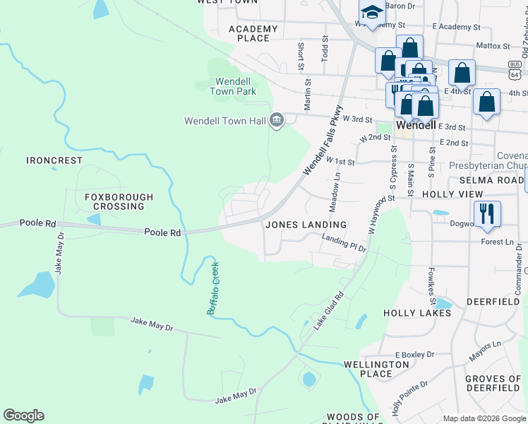 map of restaurants, bars, coffee shops, grocery stores, and more near 602 Landing View Drive in Wendell