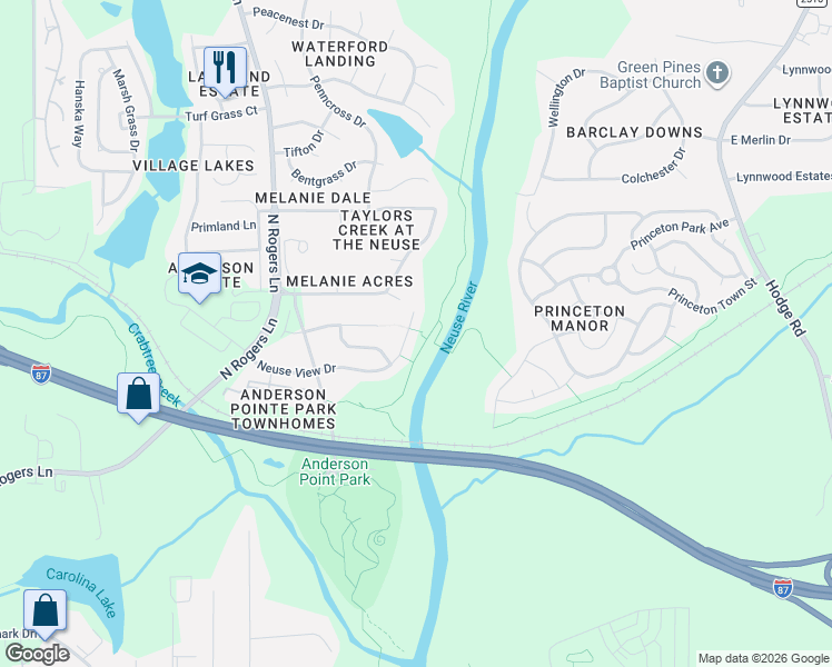 map of restaurants, bars, coffee shops, grocery stores, and more near 5524 Neuse View Drive in Raleigh