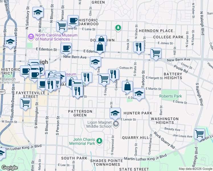 map of restaurants, bars, coffee shops, grocery stores, and more near 610 East Martin Street in Raleigh
