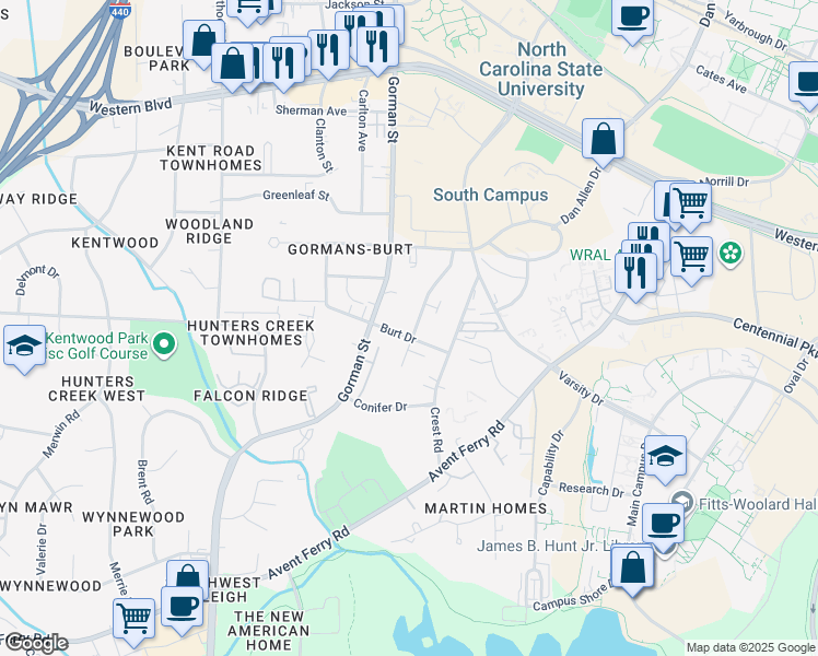 map of restaurants, bars, coffee shops, grocery stores, and more near 3707 Burt Drive in Raleigh