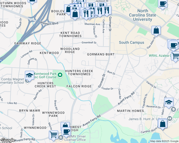 map of restaurants, bars, coffee shops, grocery stores, and more near 1723 Kayla Court in Raleigh