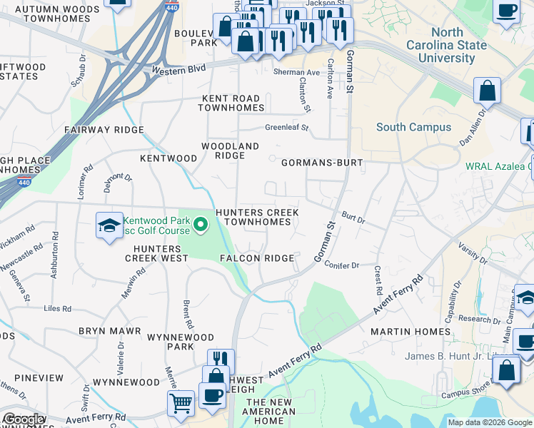 map of restaurants, bars, coffee shops, grocery stores, and more near 1723 Kayla Court in Raleigh