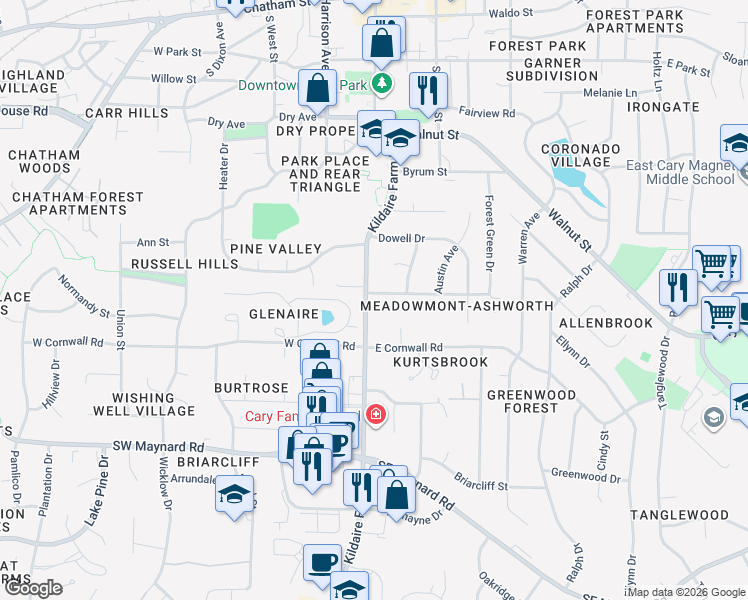 map of restaurants, bars, coffee shops, grocery stores, and more near 815 Kildaire Farm Road in Cary