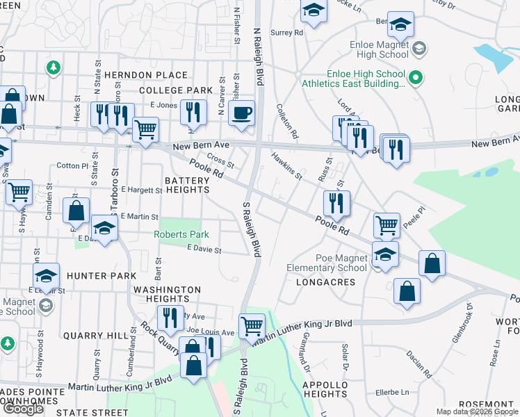 map of restaurants, bars, coffee shops, grocery stores, and more near 1701 Dallas Street in Raleigh