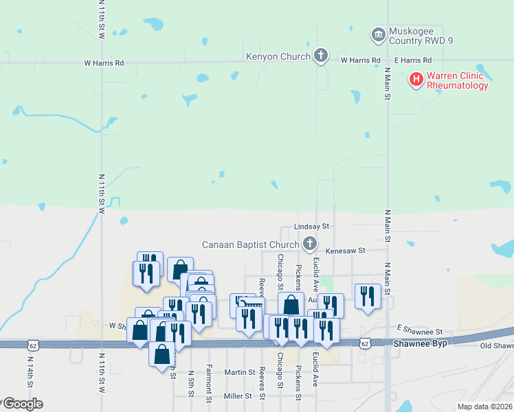 map of restaurants, bars, coffee shops, grocery stores, and more near 2417 Chicago Street in Muskogee