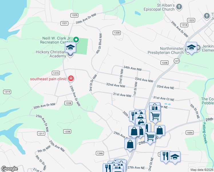 map of restaurants, bars, coffee shops, grocery stores, and more near 237 32nd Avenue Northwest in Hickory