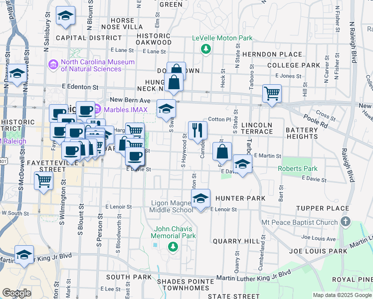 map of restaurants, bars, coffee shops, grocery stores, and more near 701 East Martin Street in Raleigh