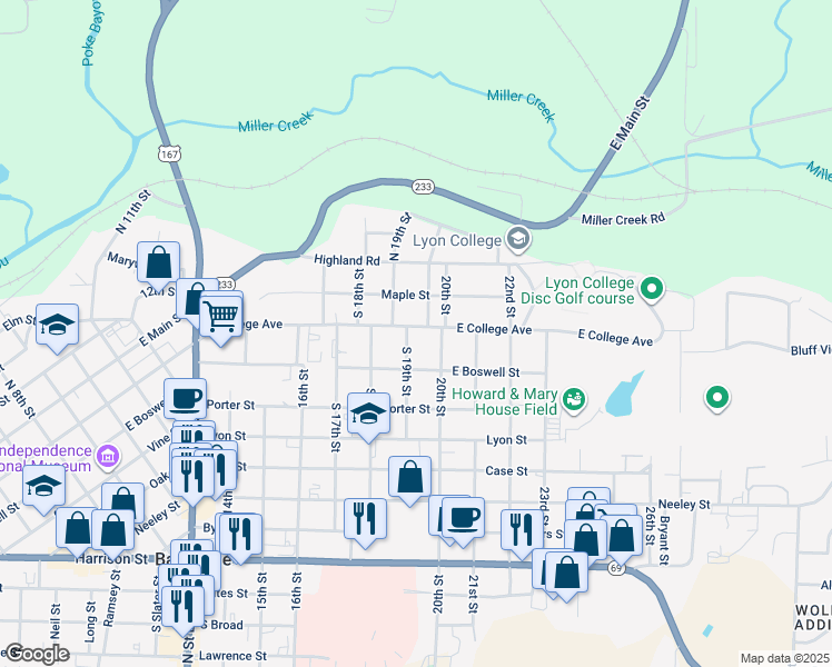 map of restaurants, bars, coffee shops, grocery stores, and more near 1942 East College Avenue in Batesville