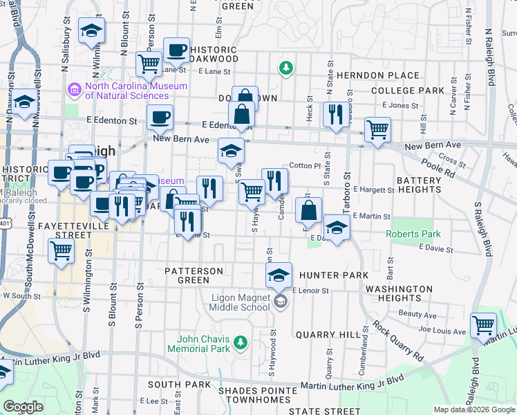 map of restaurants, bars, coffee shops, grocery stores, and more near 610 East Martin Street in Raleigh