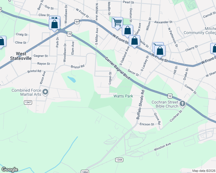map of restaurants, bars, coffee shops, grocery stores, and more near 1411 Church Street in Statesville