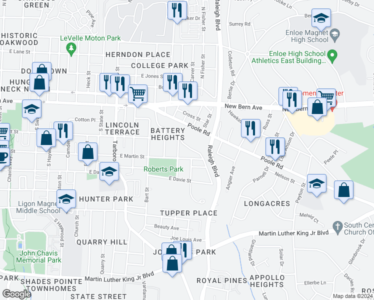 map of restaurants, bars, coffee shops, grocery stores, and more near 1510 Battery Drive in Raleigh