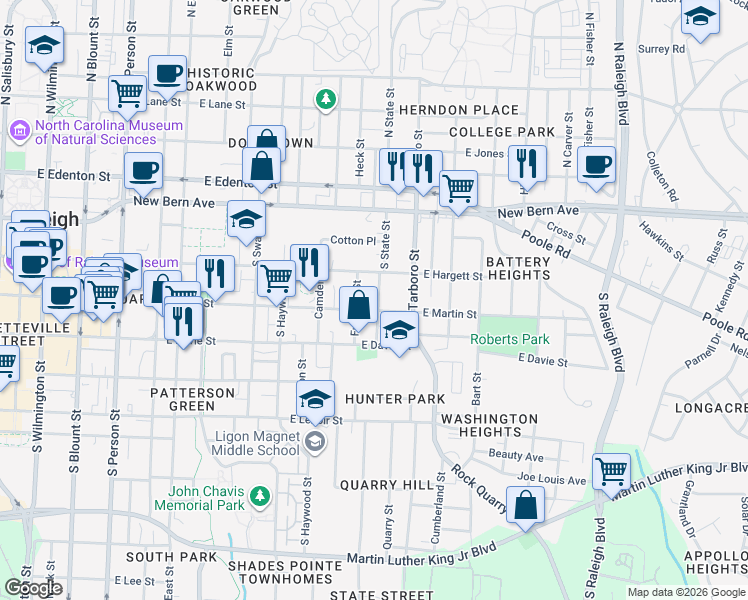 map of restaurants, bars, coffee shops, grocery stores, and more near 911 East Martin Street in Raleigh