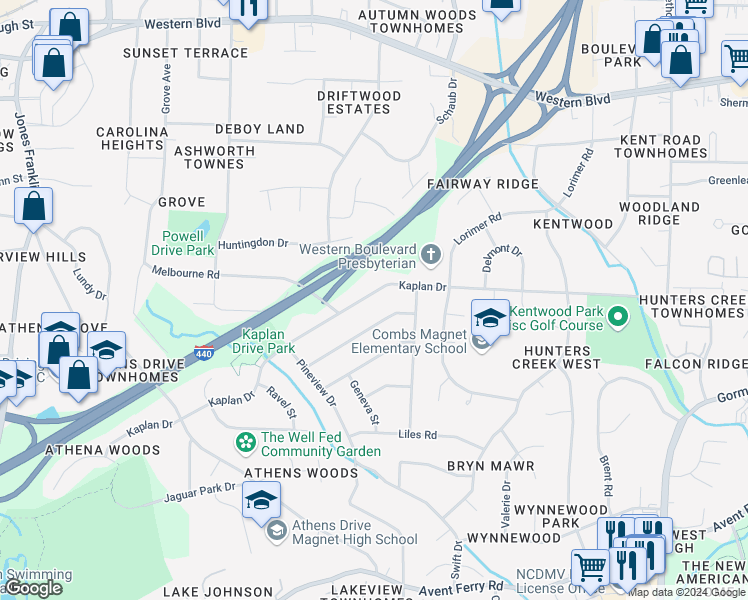 map of restaurants, bars, coffee shops, grocery stores, and more near 5023 Kaplan Drive in Raleigh