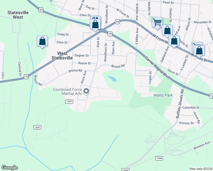 map of restaurants, bars, coffee shops, grocery stores, and more near 1704 Younger Avenue in Statesville