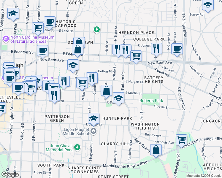 map of restaurants, bars, coffee shops, grocery stores, and more near 911 East Martin Street in Raleigh