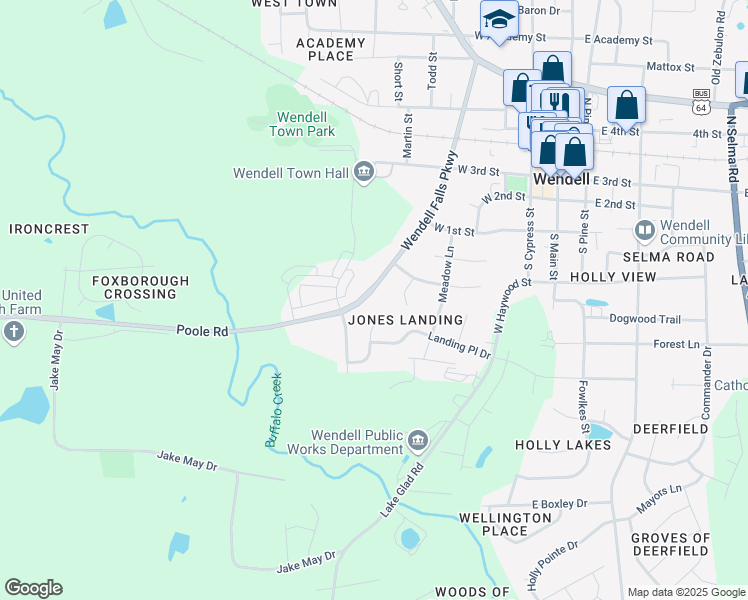 map of restaurants, bars, coffee shops, grocery stores, and more near 521 Wendell Falls Parkway in Wendell