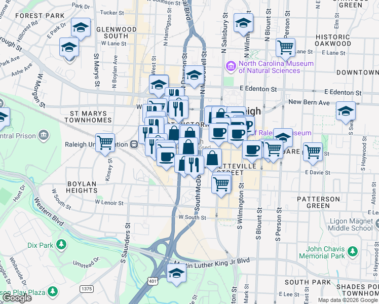 map of restaurants, bars, coffee shops, grocery stores, and more near 307 South Dawson Street in Raleigh