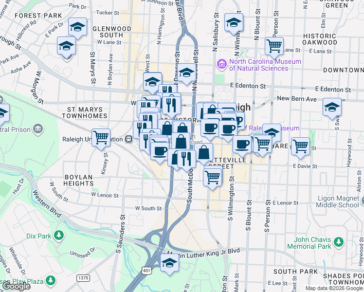 map of restaurants, bars, coffee shops, grocery stores, and more near 307 South Dawson Street in Raleigh