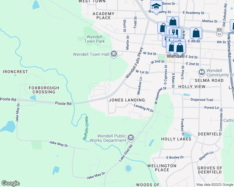 map of restaurants, bars, coffee shops, grocery stores, and more near 521 Wendell Falls Parkway in Wendell