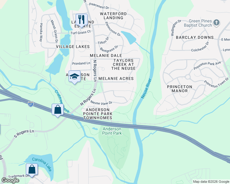 map of restaurants, bars, coffee shops, grocery stores, and more near 245 Cross Current Lane in Raleigh