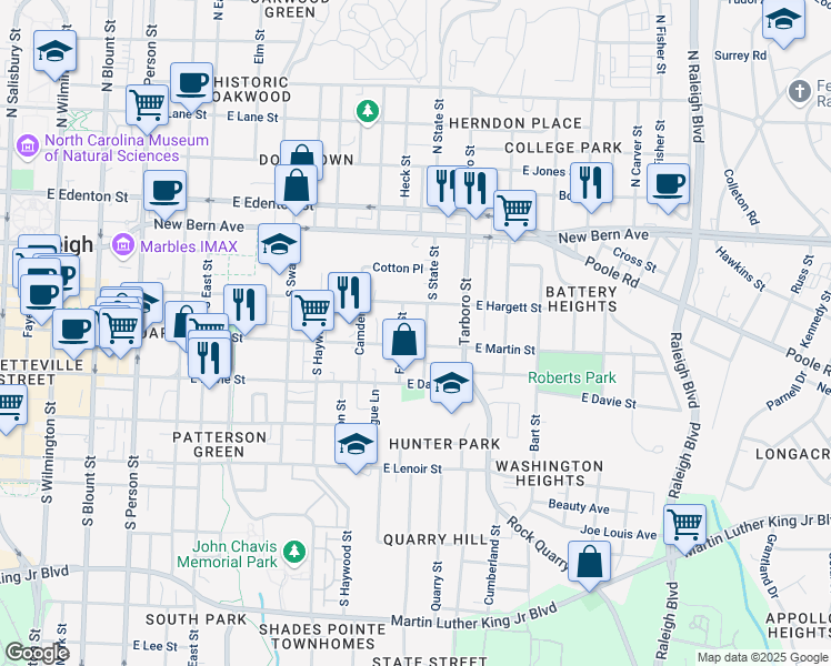 map of restaurants, bars, coffee shops, grocery stores, and more near 911 East Martin Street in Raleigh