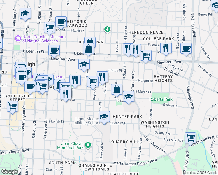 map of restaurants, bars, coffee shops, grocery stores, and more near 825 East Martin Street in Raleigh