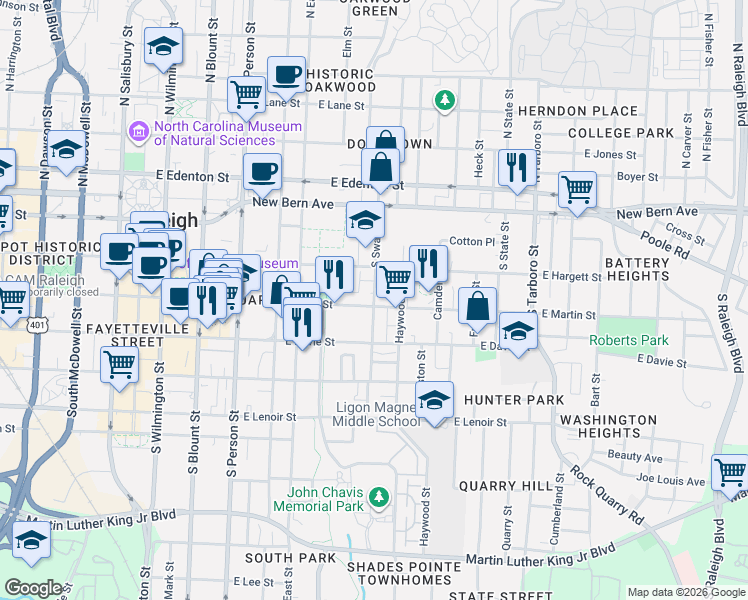 map of restaurants, bars, coffee shops, grocery stores, and more near 610 East Martin Street in Raleigh