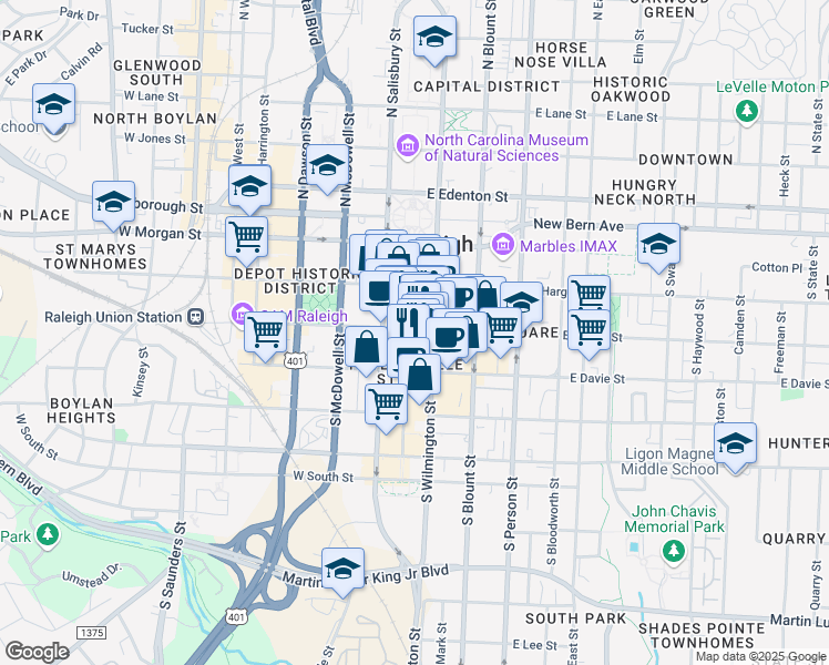 map of restaurants, bars, coffee shops, grocery stores, and more near 301 Fayetteville Street in Raleigh