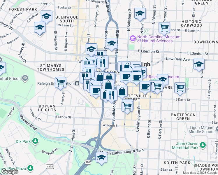 map of restaurants, bars, coffee shops, grocery stores, and more near 307 South Dawson Street in Raleigh