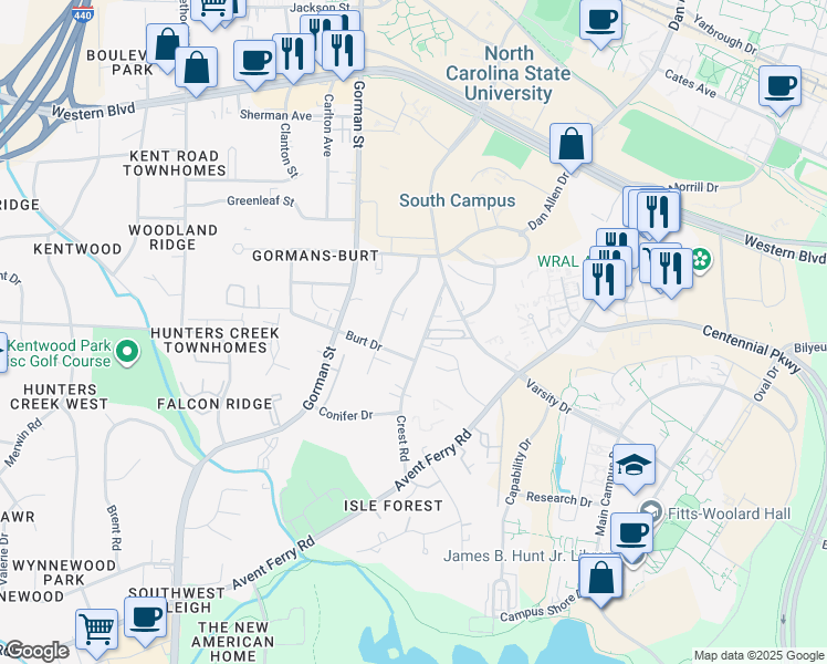 map of restaurants, bars, coffee shops, grocery stores, and more near 3612 Burt Drive in Raleigh