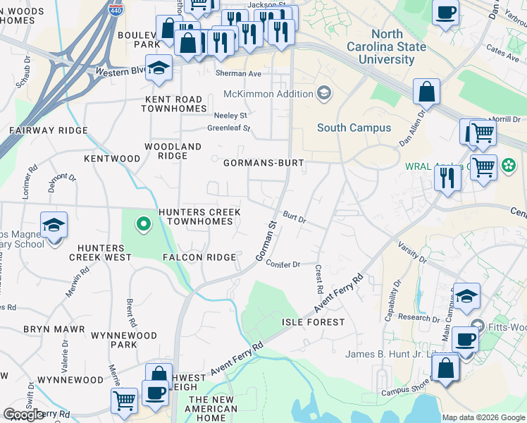 map of restaurants, bars, coffee shops, grocery stores, and more near in Raleigh