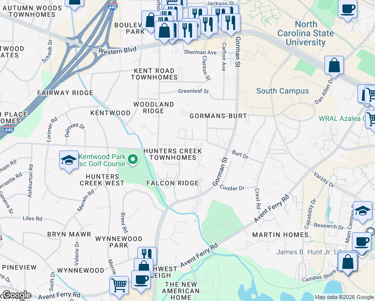 map of restaurants, bars, coffee shops, grocery stores, and more near 1723 Kayla Court in Raleigh
