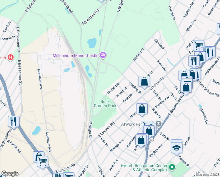 map of restaurants, bars, coffee shops, grocery stores, and more near 622 Garfield Street in Alcoa
